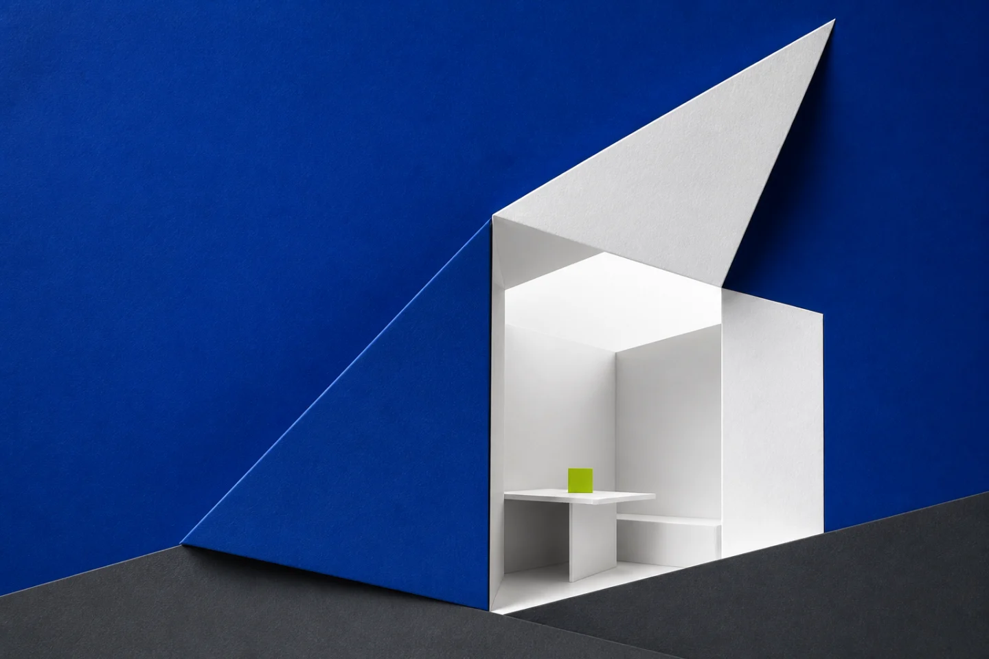 Abstract cobalt and porcelain paper architecture created for Library Reserve